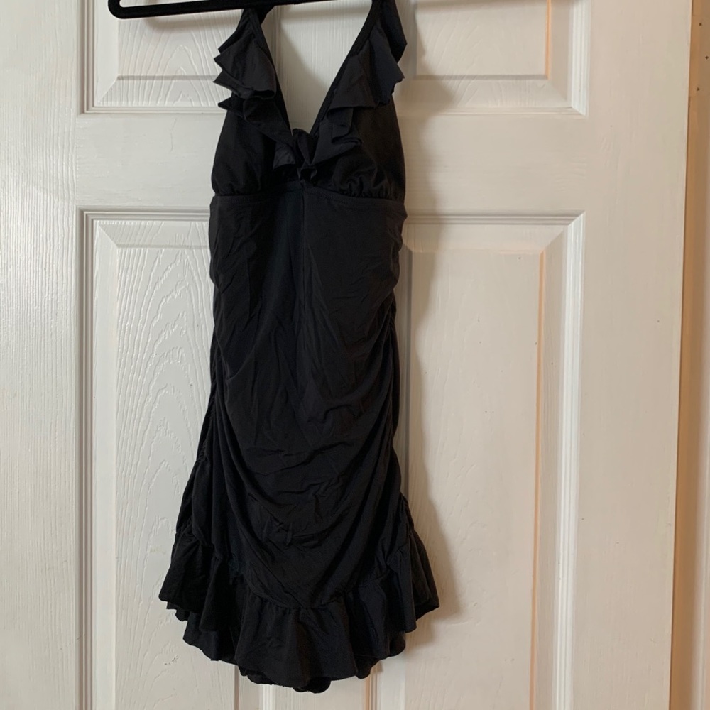 Black one-piece halter swimsuit